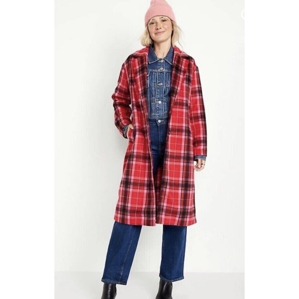 Old Navy Red Pink Plaid Overcoat Soft Brushed Trench Jacket Women's XXL 2X Plus